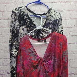 Lot of 2 H by Halston Twist Front V-Neck Blouse XL Abstract Artsy Boho Whimsical